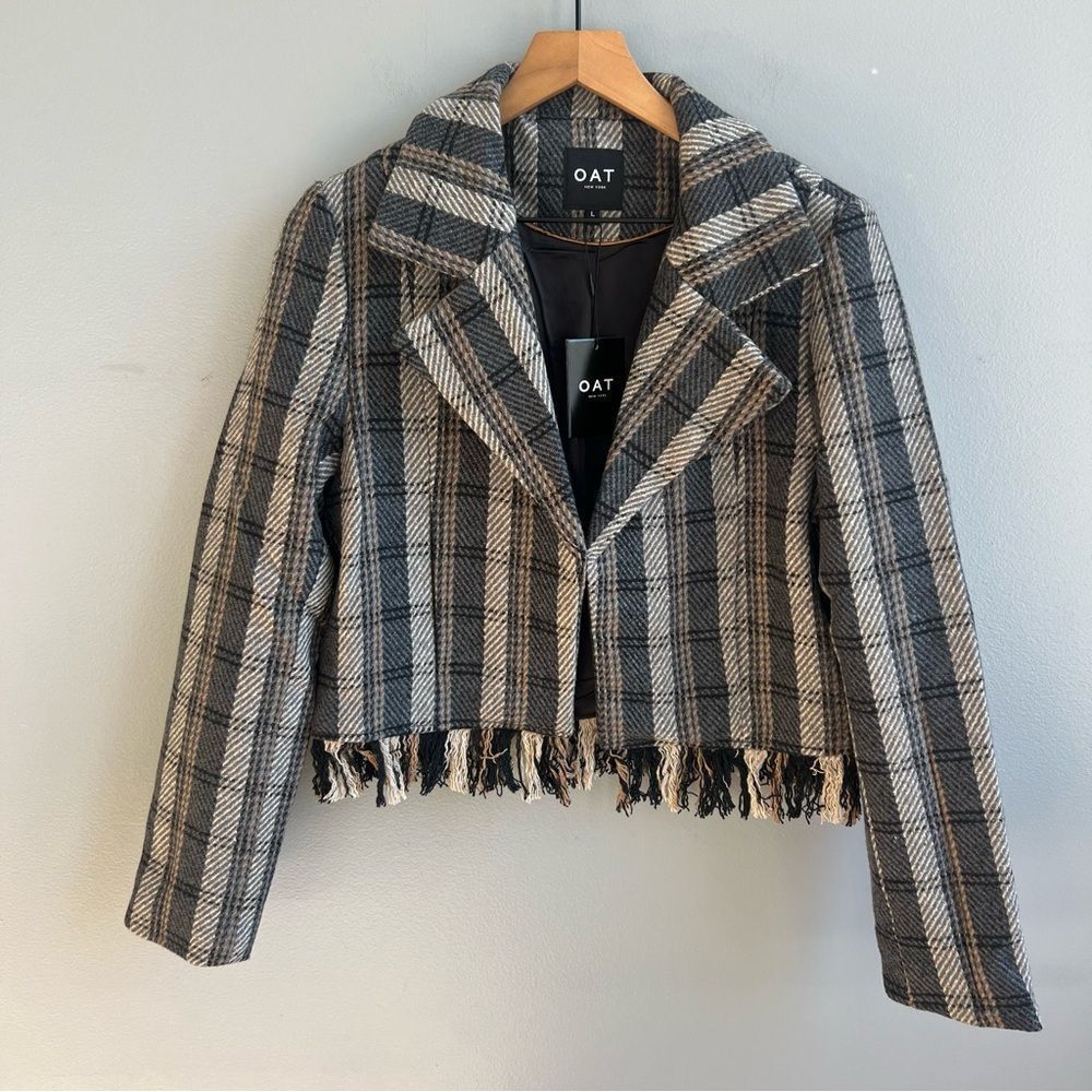 Oat New York Nwt Plaid Fringe Blazer Tweed Cropped Jacket Size Large